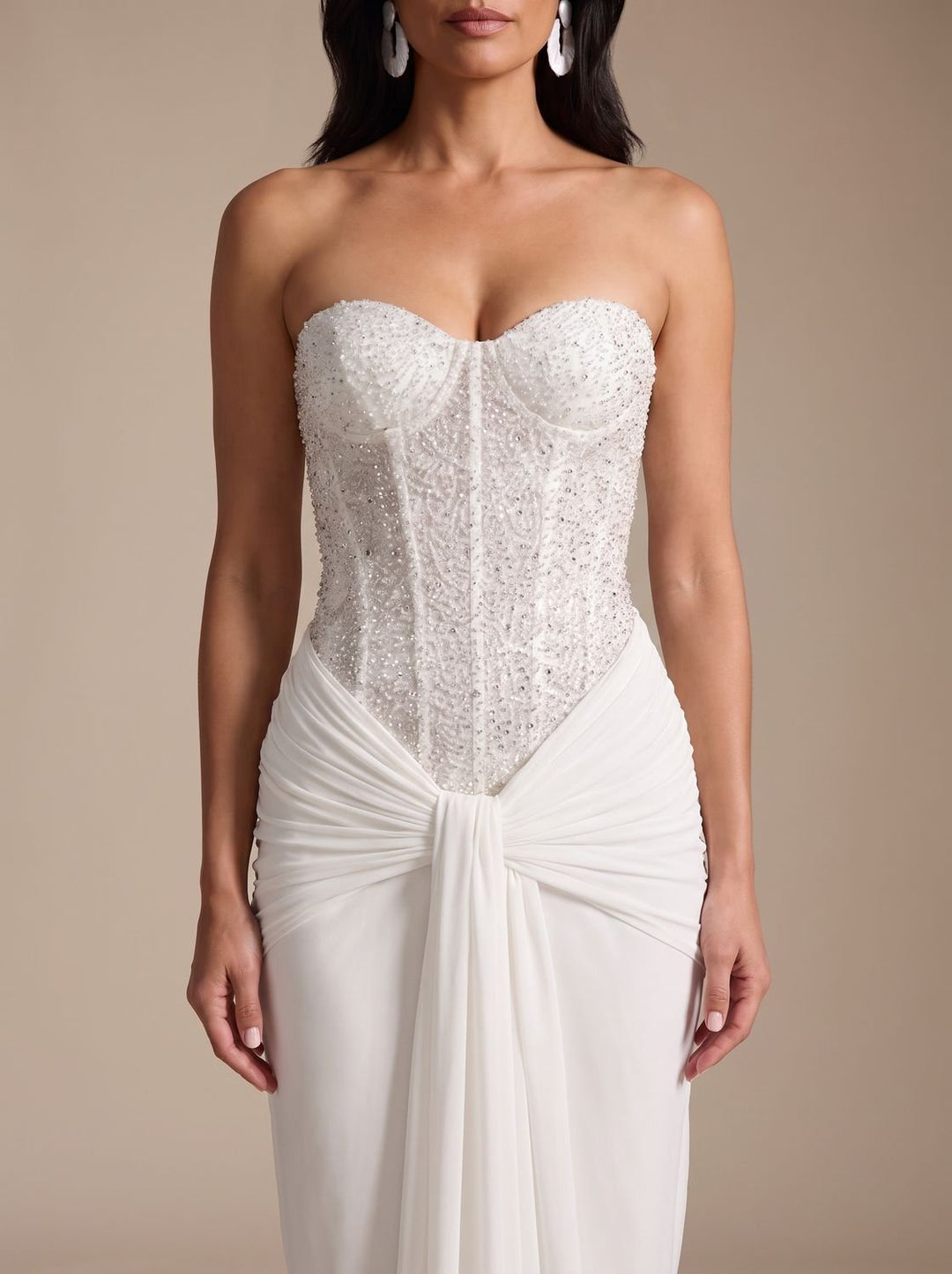 Women's Strapless Beaded Bodice Draped Maxi Dress