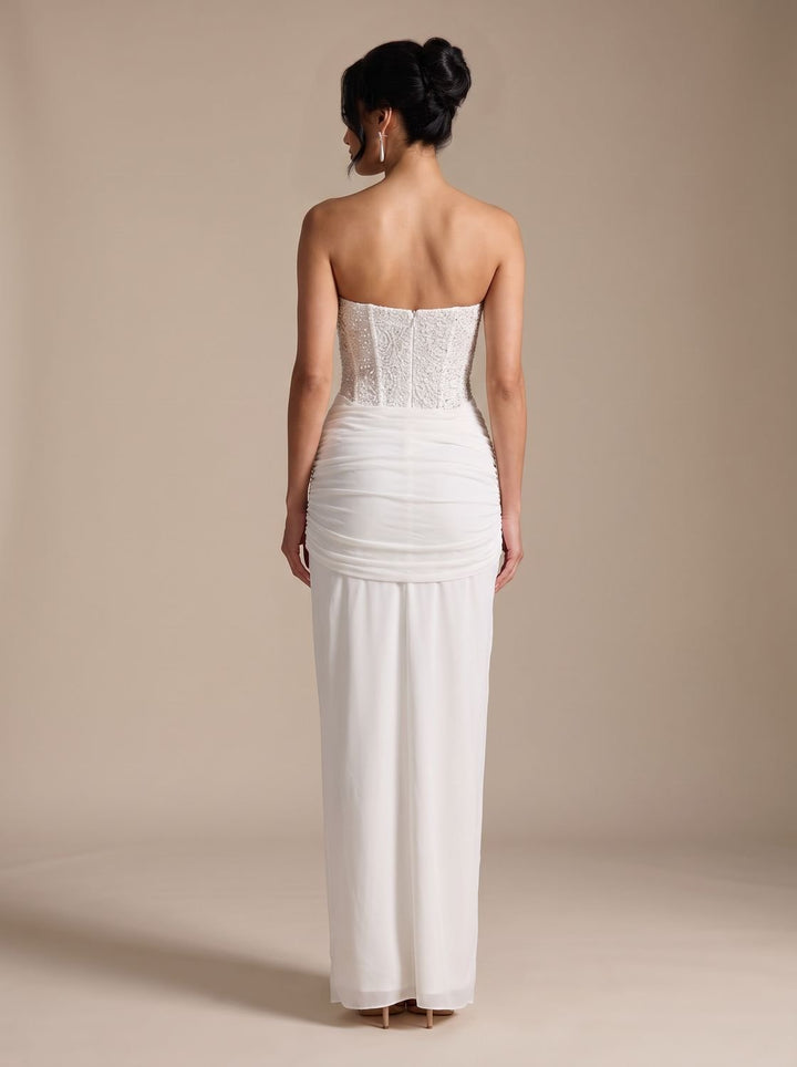 Women's Strapless Beaded Bodice Draped Maxi Dress