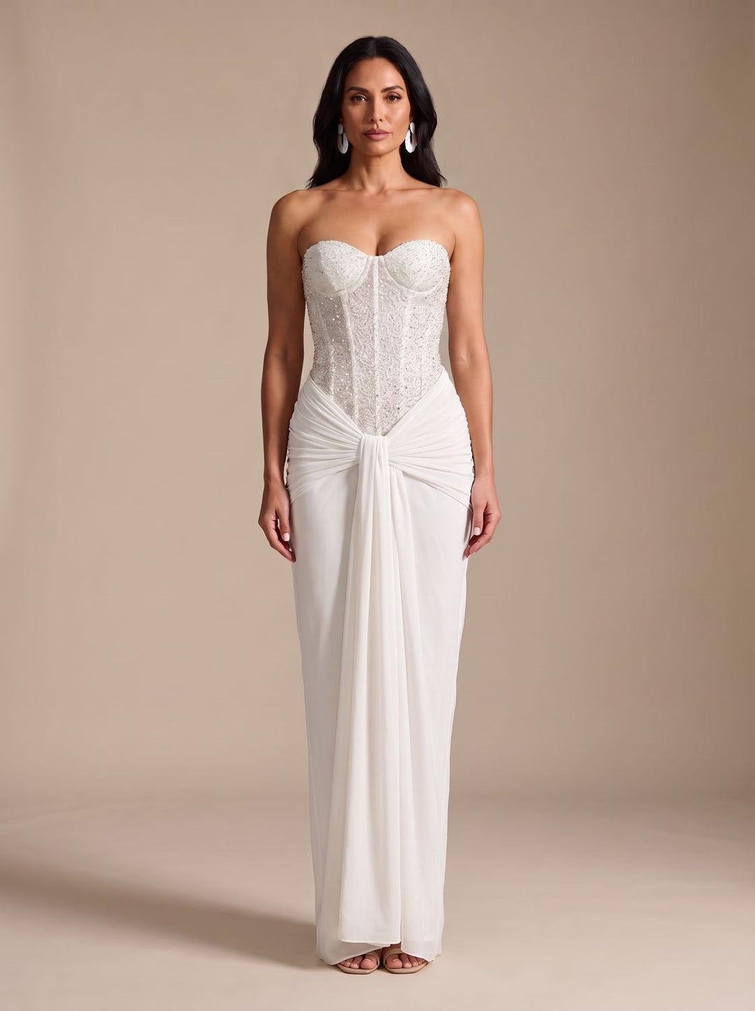 Women's Strapless Beaded Bodice Draped Maxi Dress