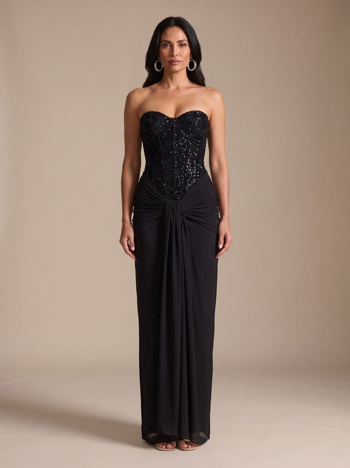 Women's Strapless Beaded Bodice Draped Maxi Dress - Black