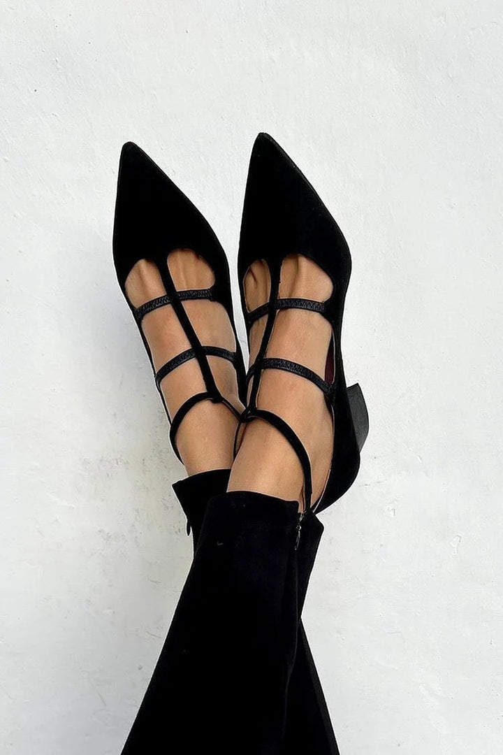 Cecilia │ Women's Strappy Pointed Toe Flats With Cross Straps And Block Heel