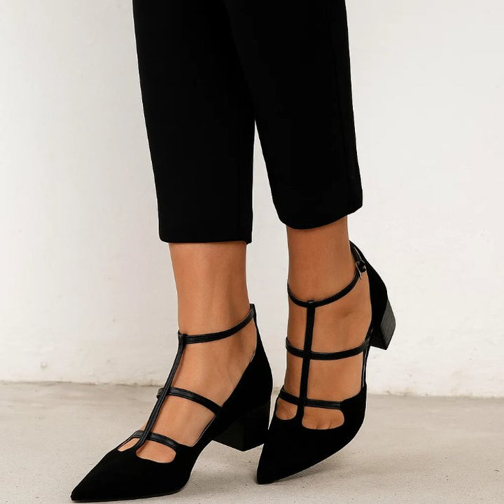 Cecilia │ Women's Strappy Pointed Toe Flats With Cross Straps And Block Heel