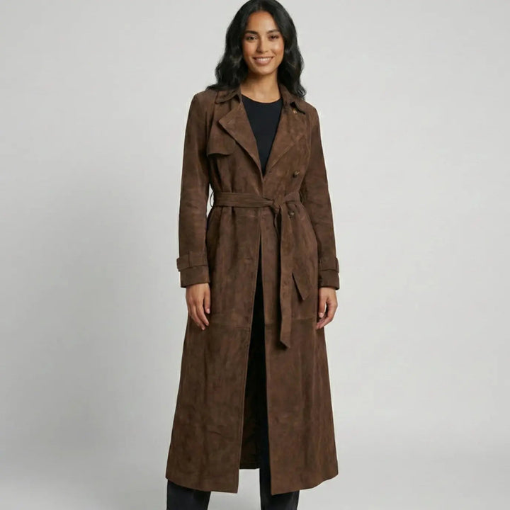 Women's Suede Belted Lapel Maxi Trench Coat