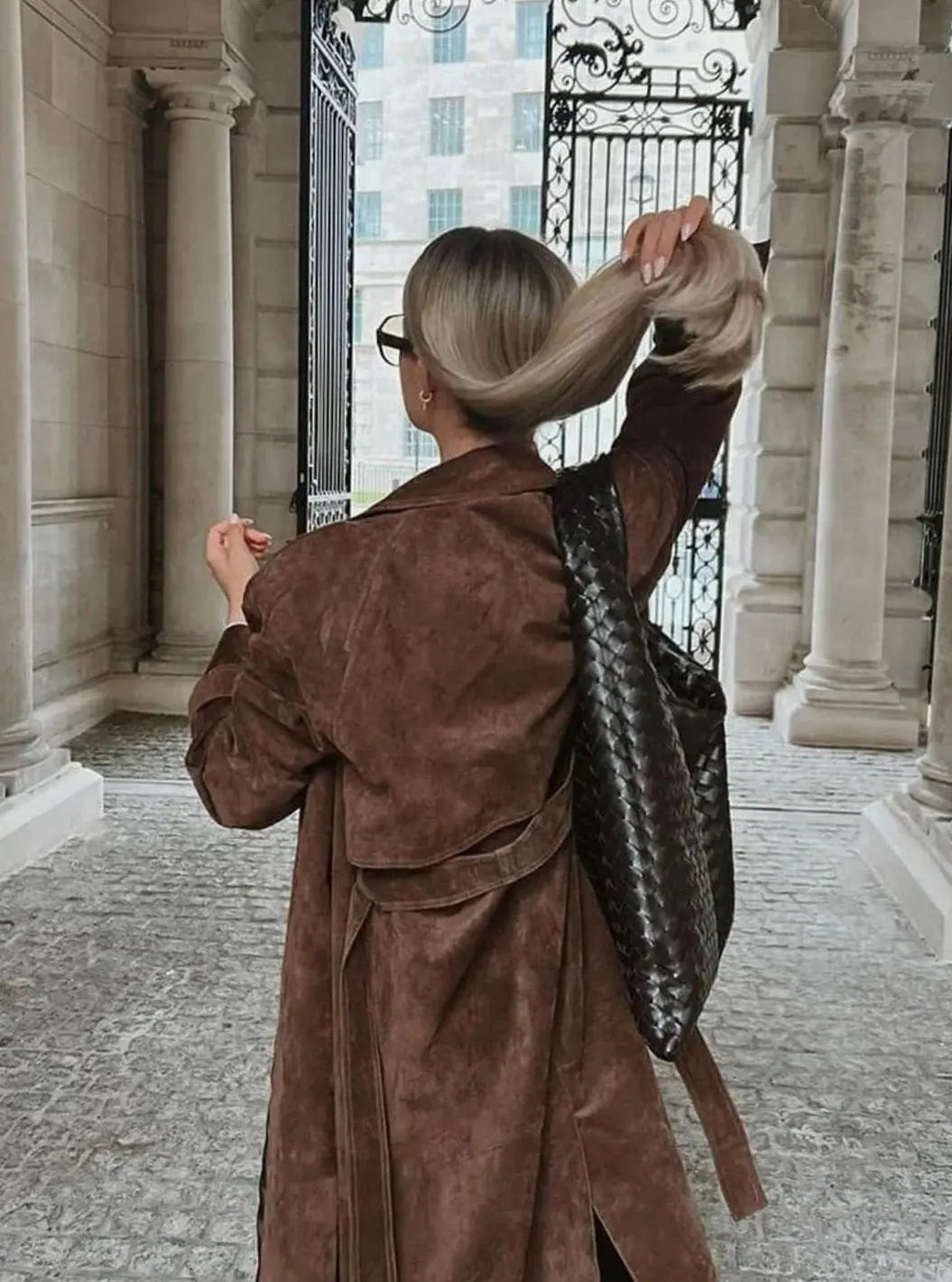 Women's Suede Belted Lapel Maxi Trench Coat