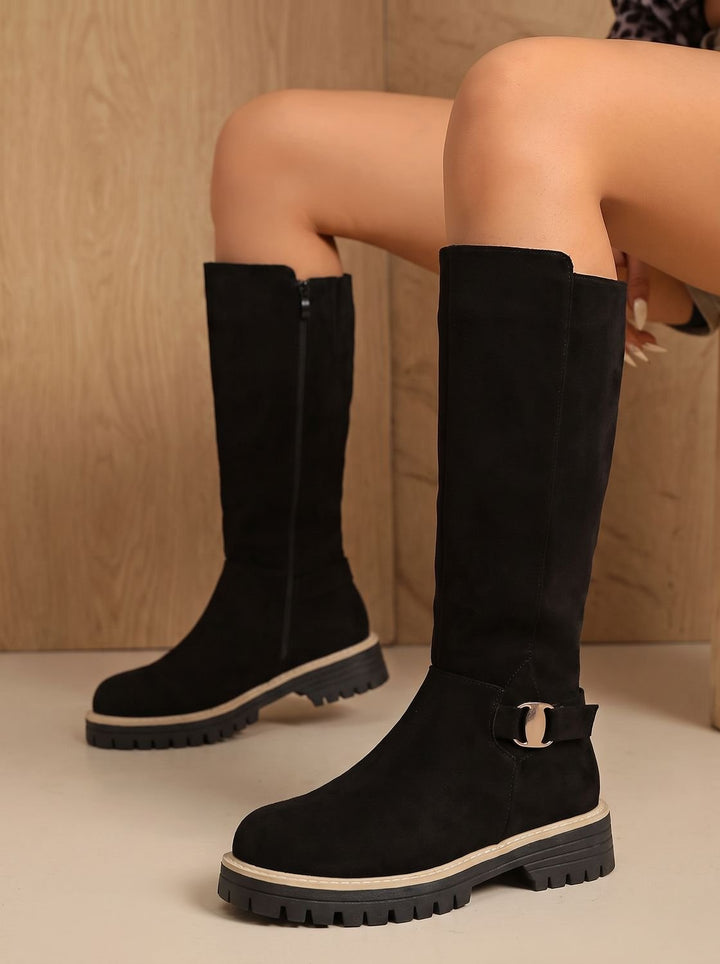 Women's Suede-Style Buckle Accent Side-Zip Knee High Boots