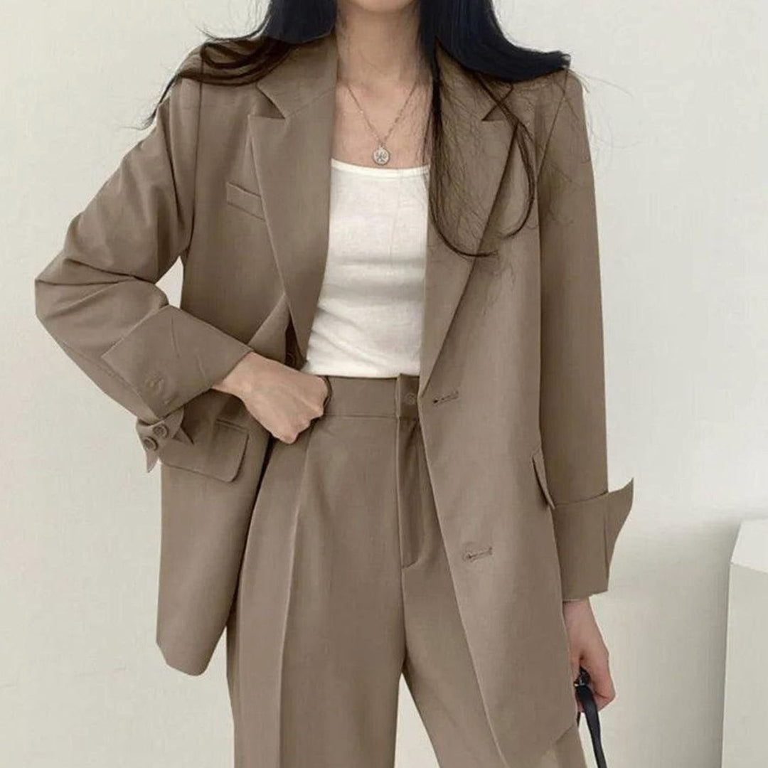 Women's Tailored Long Blazer High-Waist Trouser Suit Set - Brown