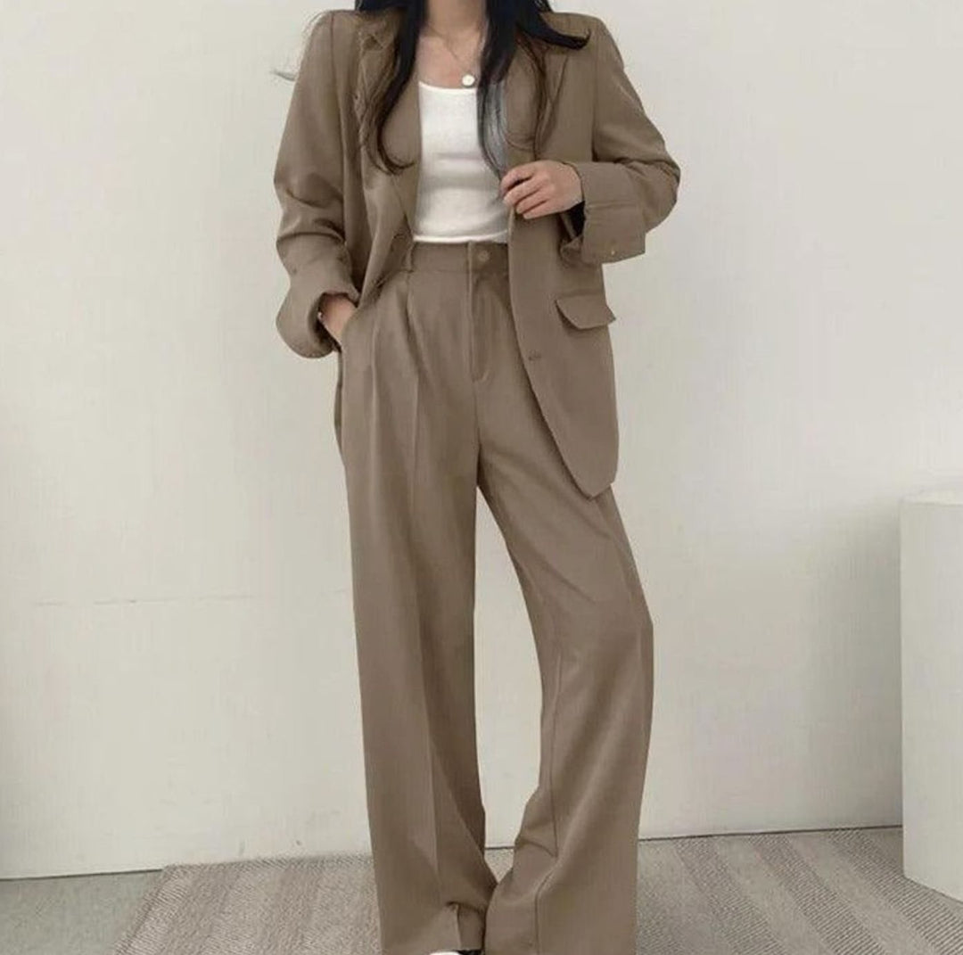 Women's Tailored Long Blazer High-Waist Trouser Suit Set