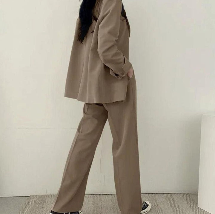 Women's Tailored Long Blazer High-Waist Trouser Suit Set