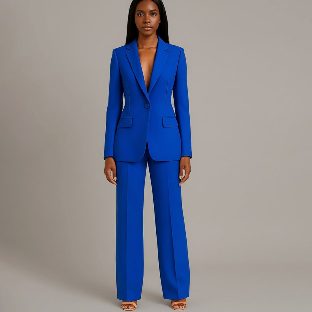 Women's Tailored Single-Button Wide-Leg Blazer Suit Set - Blue