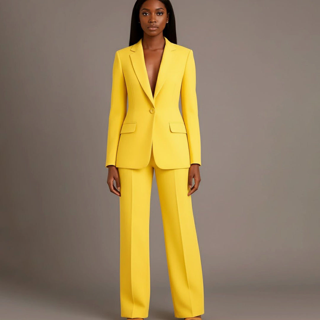 Women's Tailored Single-Button Wide-Leg Blazer Suit Set - Yellow