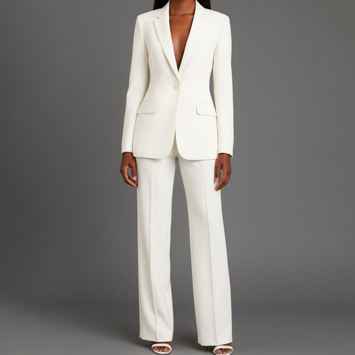 Women's Tailored Single-Button Wide-Leg Blazer Suit Set - White