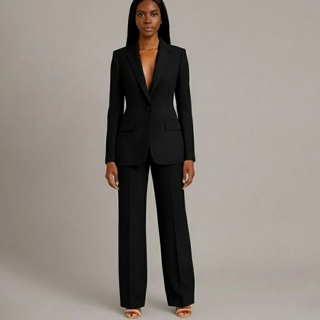 Women's Tailored Single-Button Wide-Leg Blazer Suit Set - Black