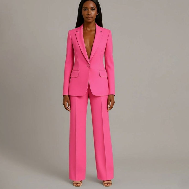 Women's Tailored Single-Button Wide-Leg Blazer Suit Set - Pink