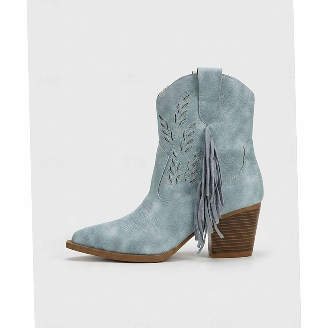 Women's Tasseled Western Ankle Boots Pointed-Toe Block Heel