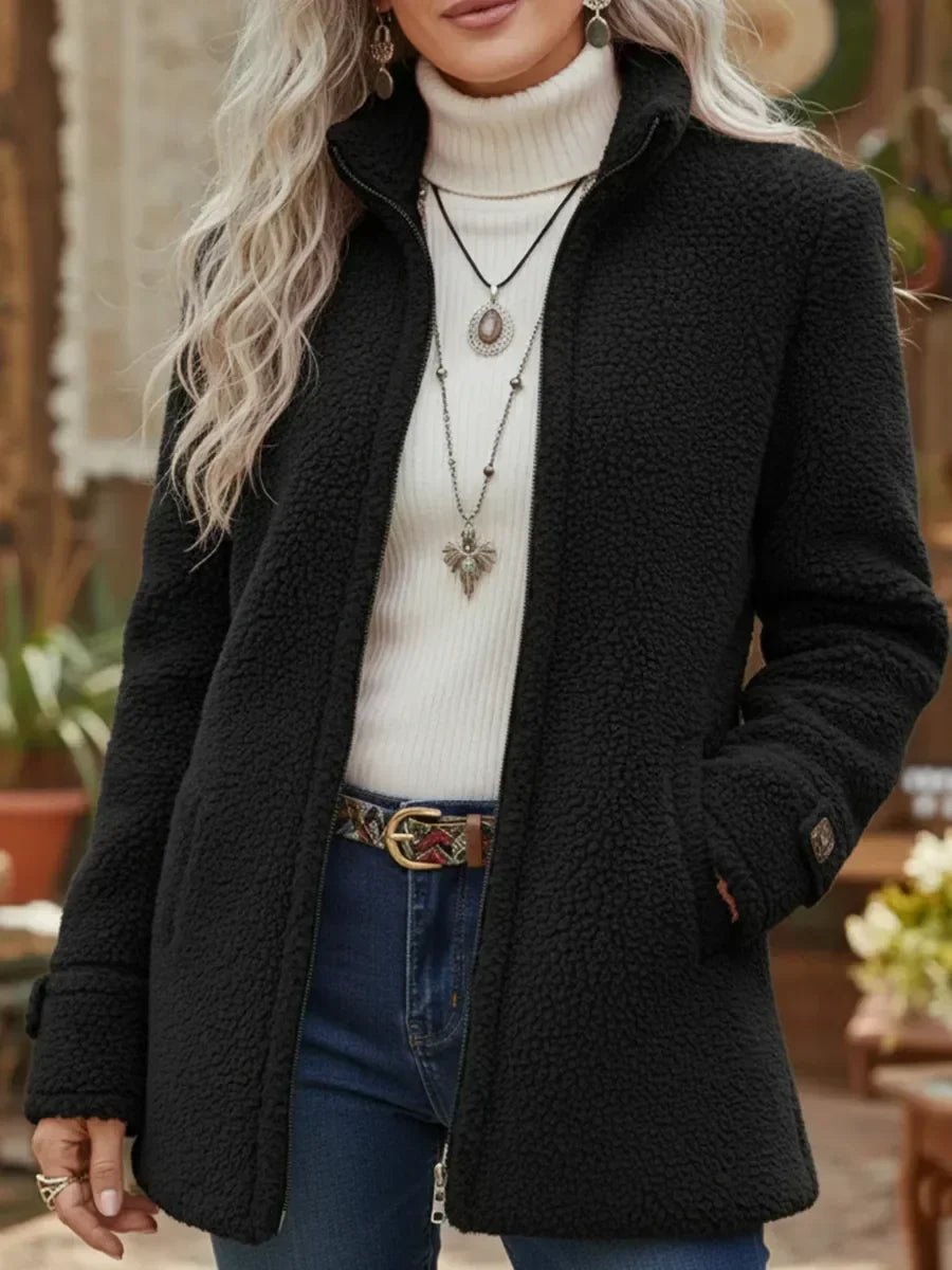 Women's Teddy Fleece Full-Zip Stand-Collar Coat - Black