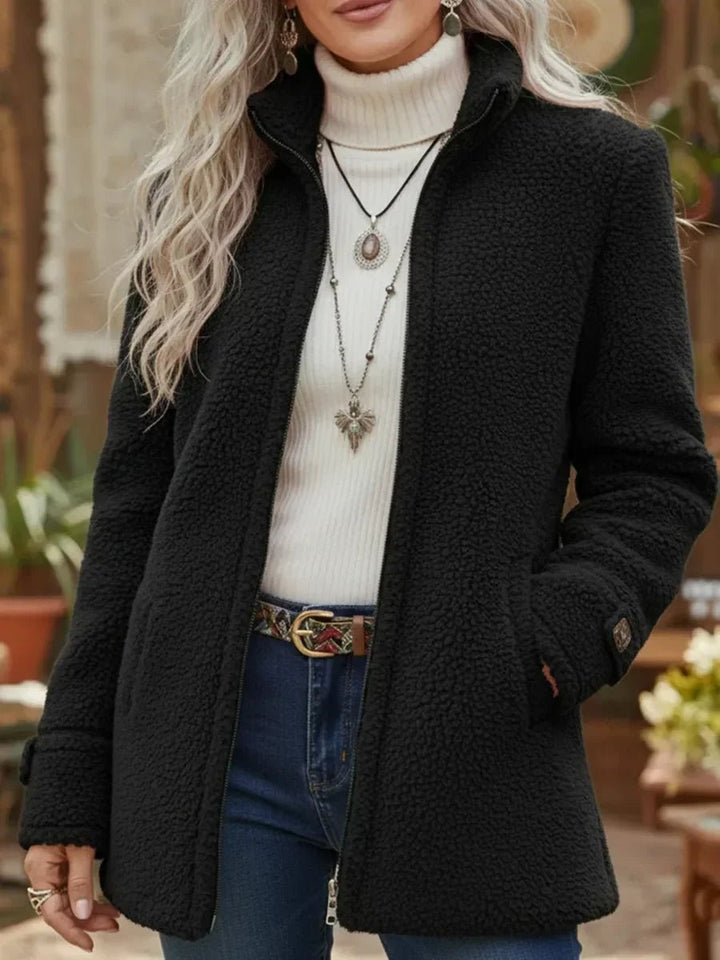 Women's Teddy Fleece Full-Zip Stand-Collar Coat - Black