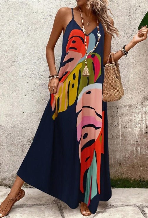 Olive │ Women's Tropical Print Sleeveless Maxi Dress For Summer