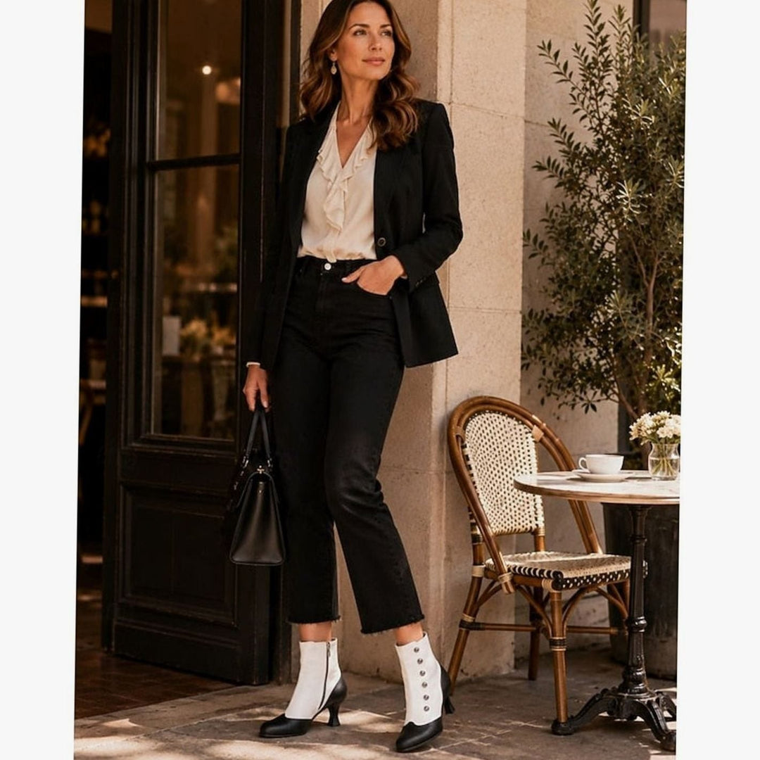 Women's Two-Tone Vintage Buttoned Spool-Heel Ankle Boots