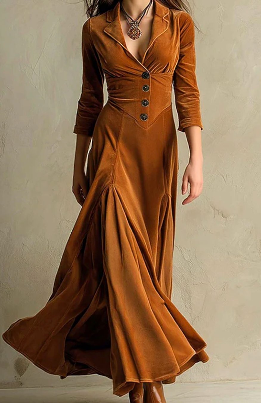 Women's V-Neck Button-Front Flowing Maxi Dress - Brown