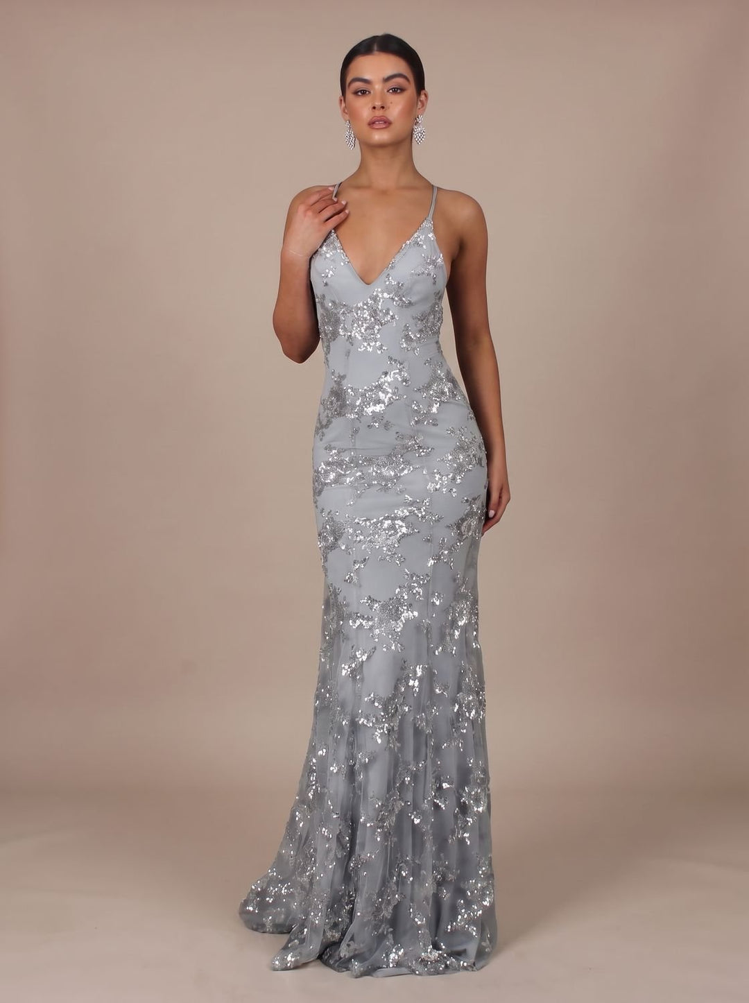 Women's V-Neck Open-Back Sequin Maxi Dress - Gray