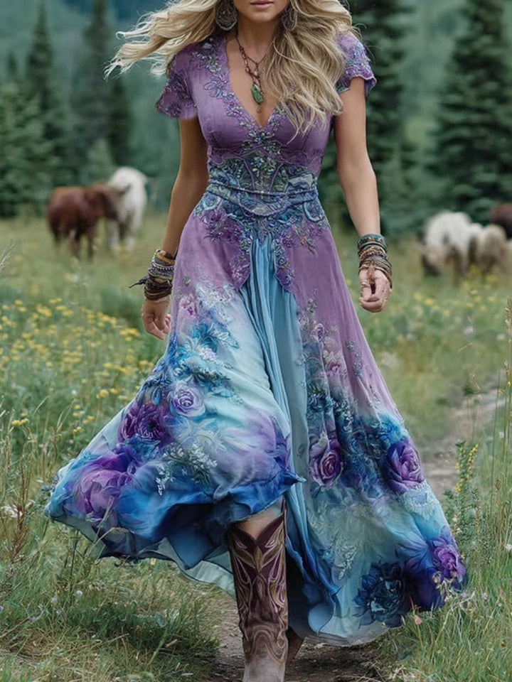 Dorothy │ Women's Floral V-Neck Short Sleeve Maxi Dress For Summer
