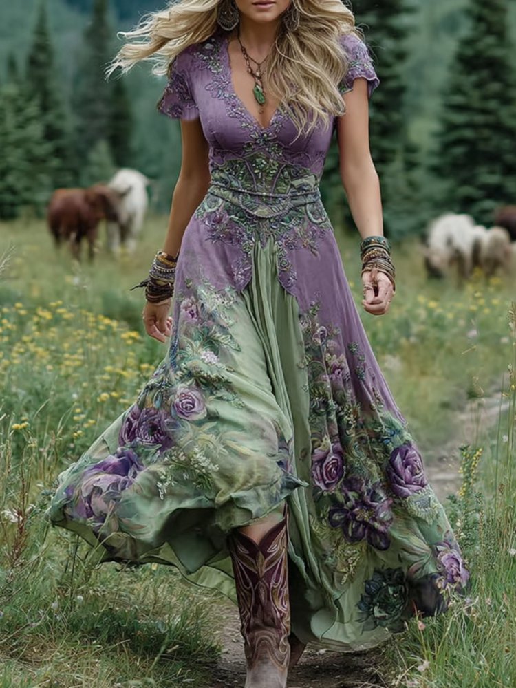 Dorothy │ Women's Floral V-Neck Short Sleeve Maxi Dress For Summer