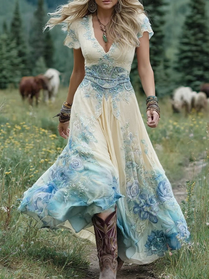 Dorothy │ Women's Floral V-Neck Short Sleeve Maxi Dress For Summer
