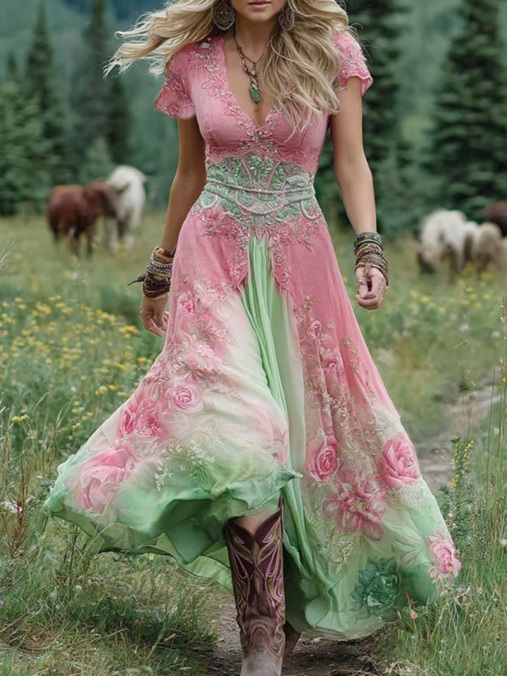 Dorothy │ Women's Floral V-Neck Short Sleeve Maxi Dress For Summer