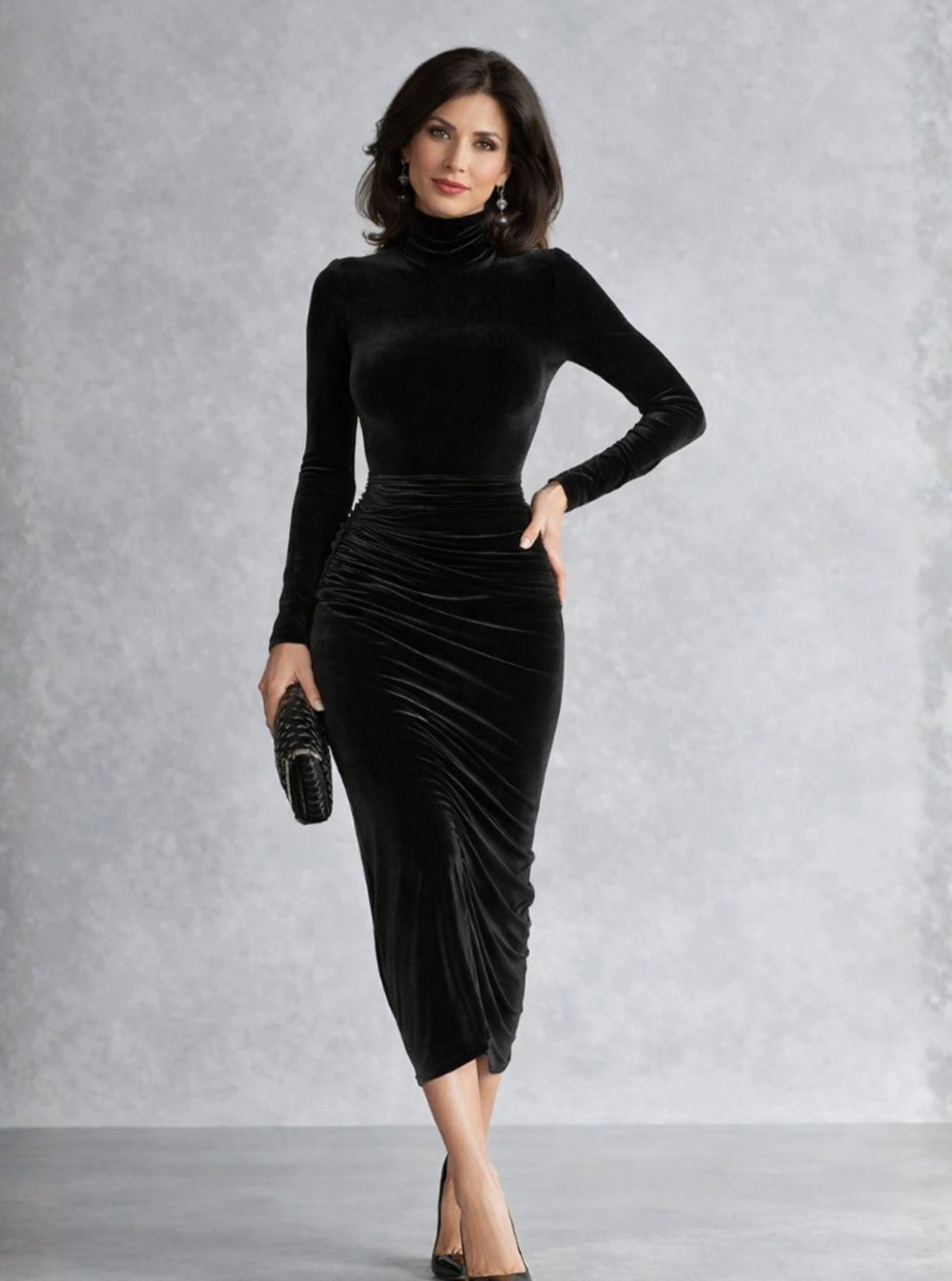 Women's Velvet Ruched Turtleneck Fitted Midi Dress - Black