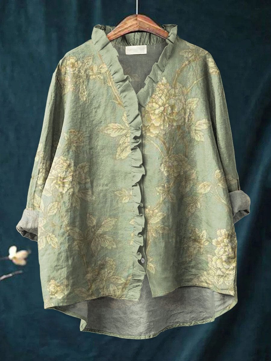 Judith │ Women's Linen Floral Ruffle Neckline Long Sleeve Blouse