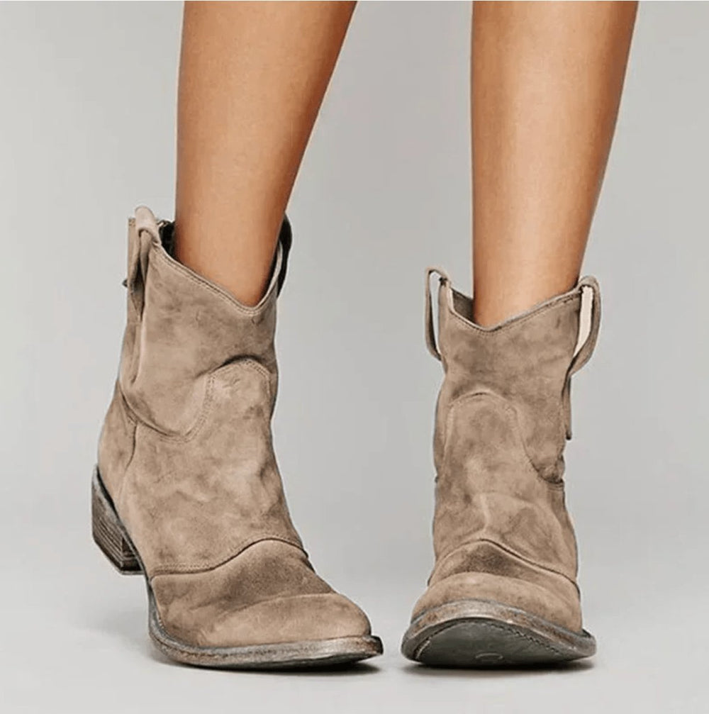 Women's Western-Style Suede Ankle Knee High Boots Flat Heel - Brown
