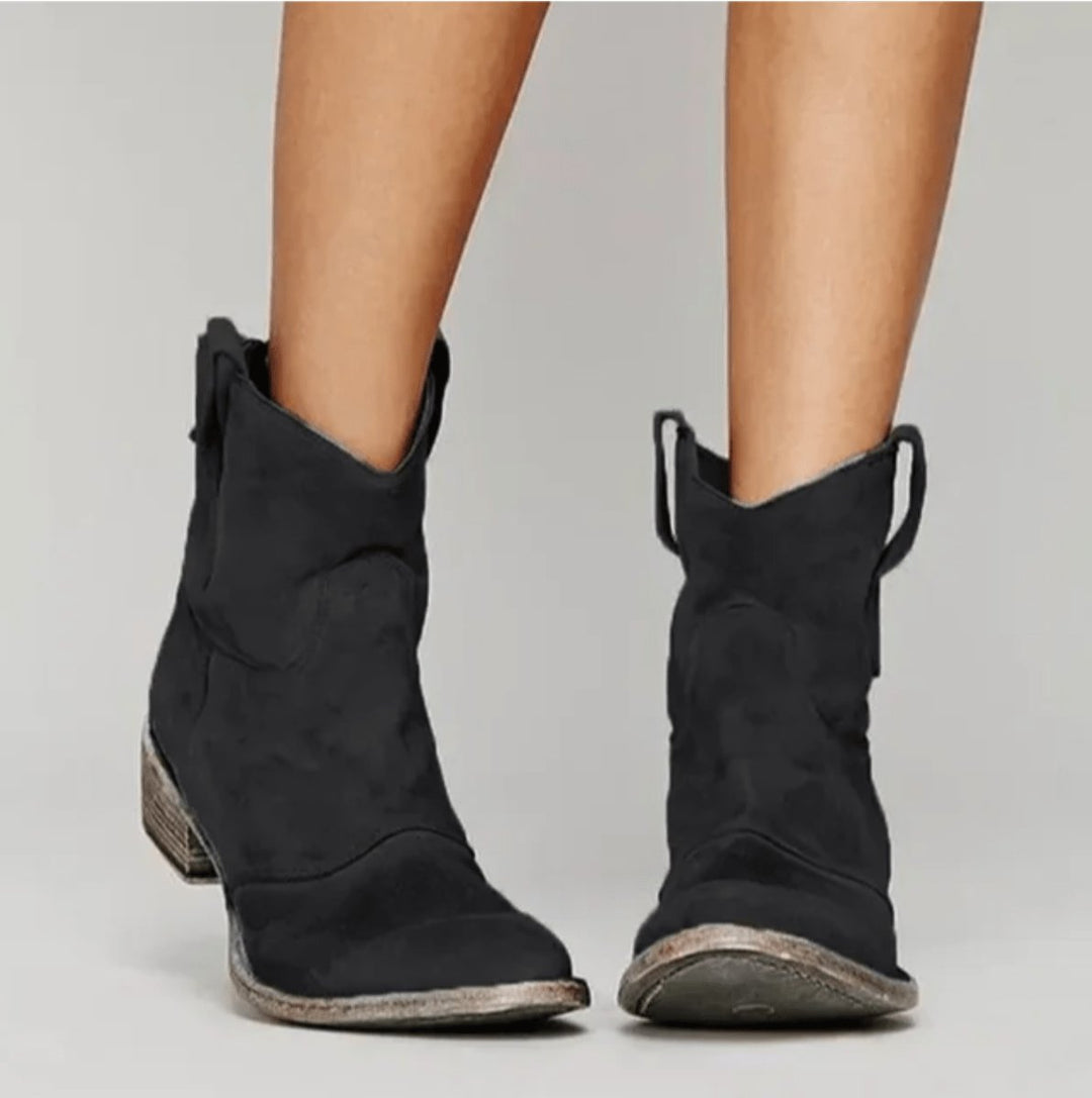 Women's Western-Style Suede Ankle Knee High Boots Flat Heel - Black