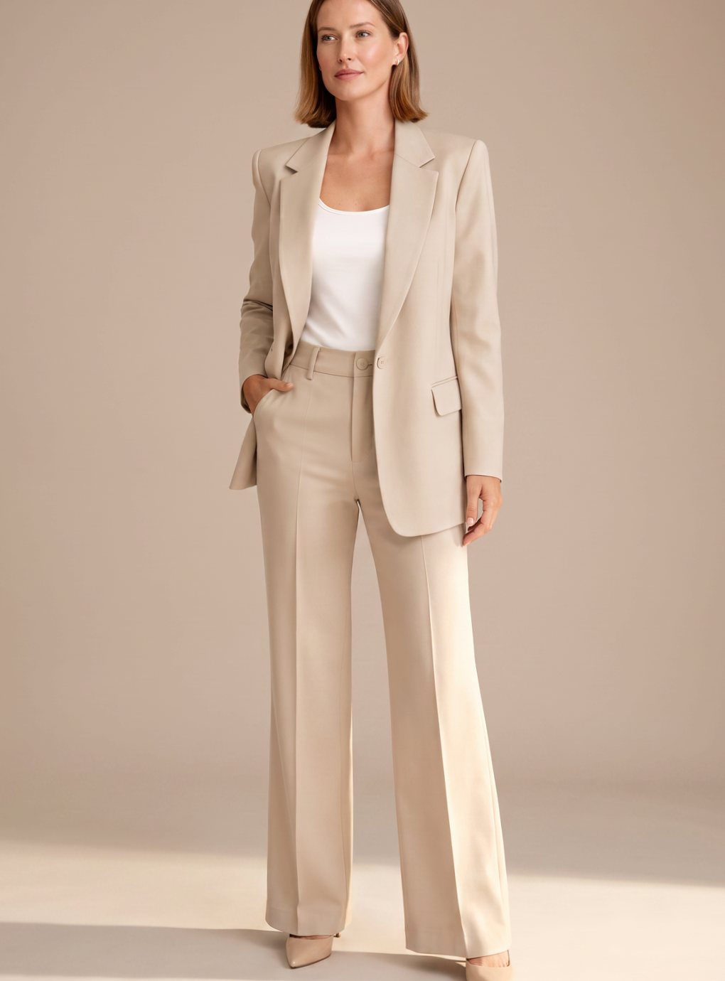 Women's Wide-Leg Flared Tailored Two-Piece Trouser Suit - Beige
