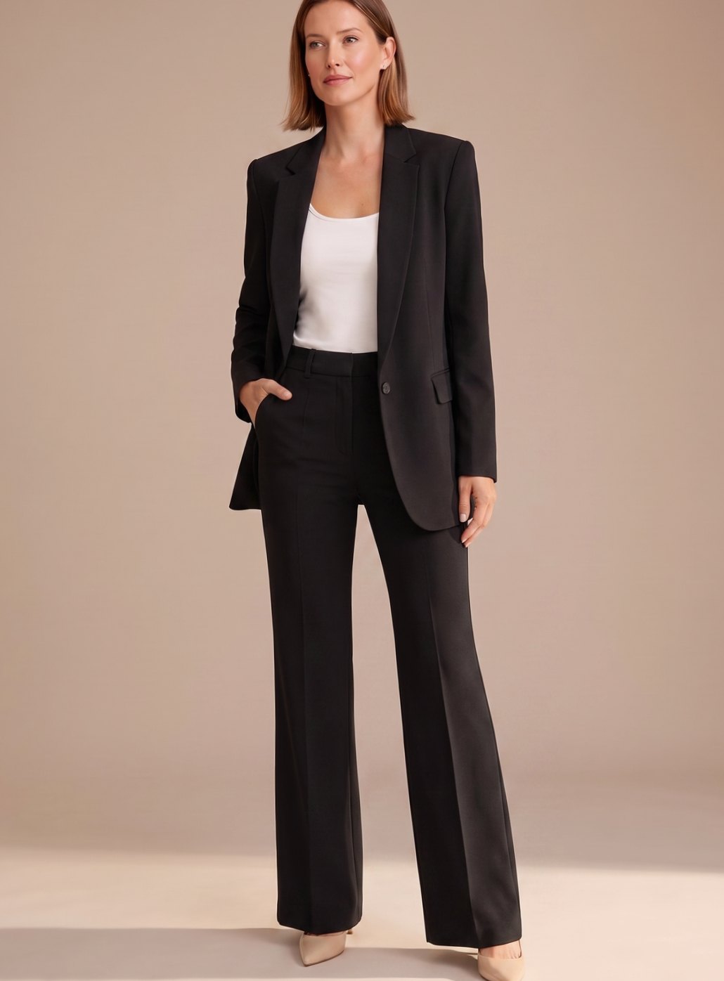 Women's Wide-Leg Flared Tailored Two-Piece Trouser Suit - Black