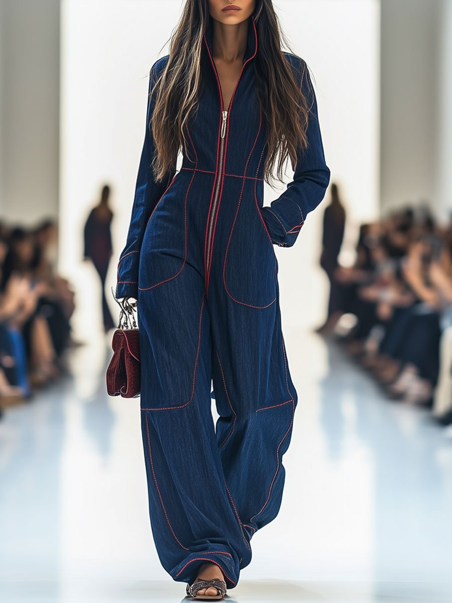 Ella | Women's Long Sleeve Contrast Stitch Front Zip Wide-Leg Denim Jumpsuit
