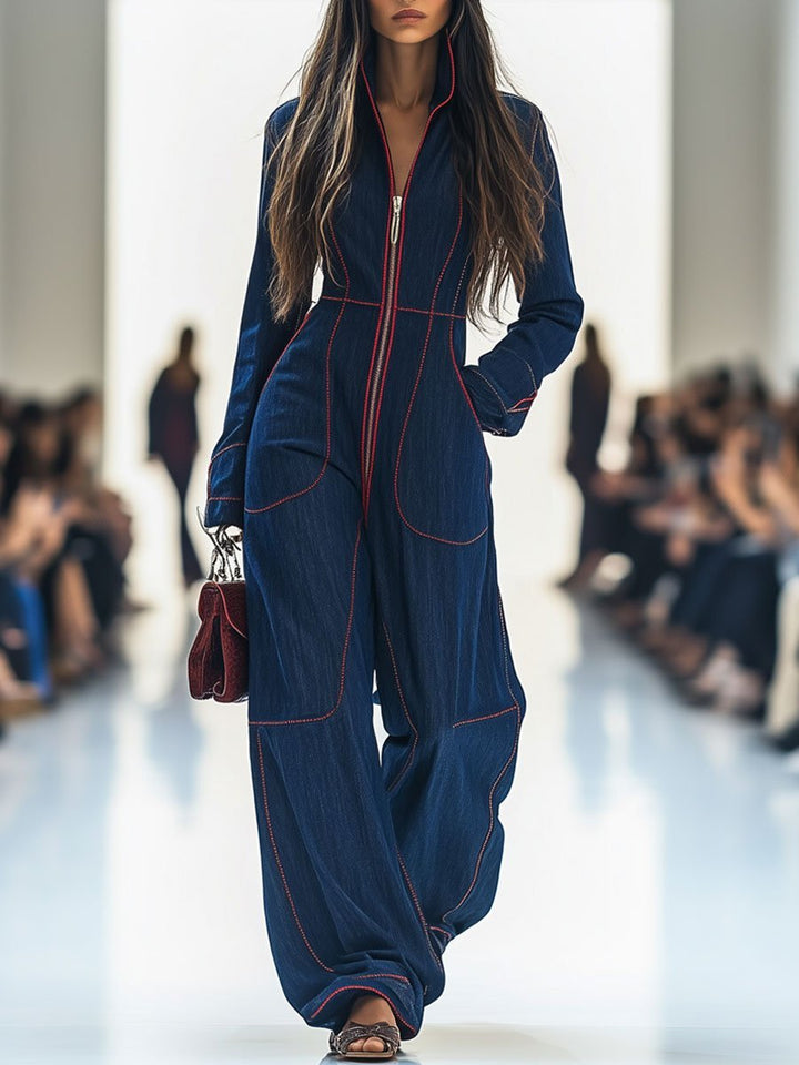 Ella | Women's Long Sleeve Contrast Stitch Front Zip Wide-Leg Denim Jumpsuit