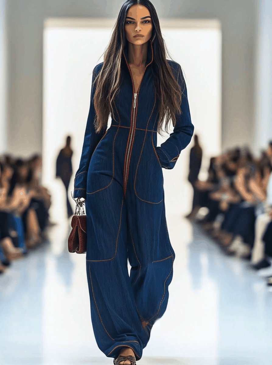 Ella | Women's Long Sleeve Contrast Stitch Front Zip Wide-Leg Denim Jumpsuit