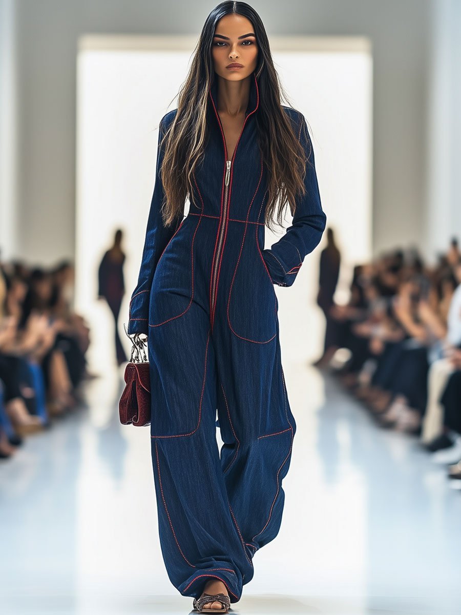 Ella | Women's Long Sleeve Contrast Stitch Front Zip Wide-Leg Denim Jumpsuit