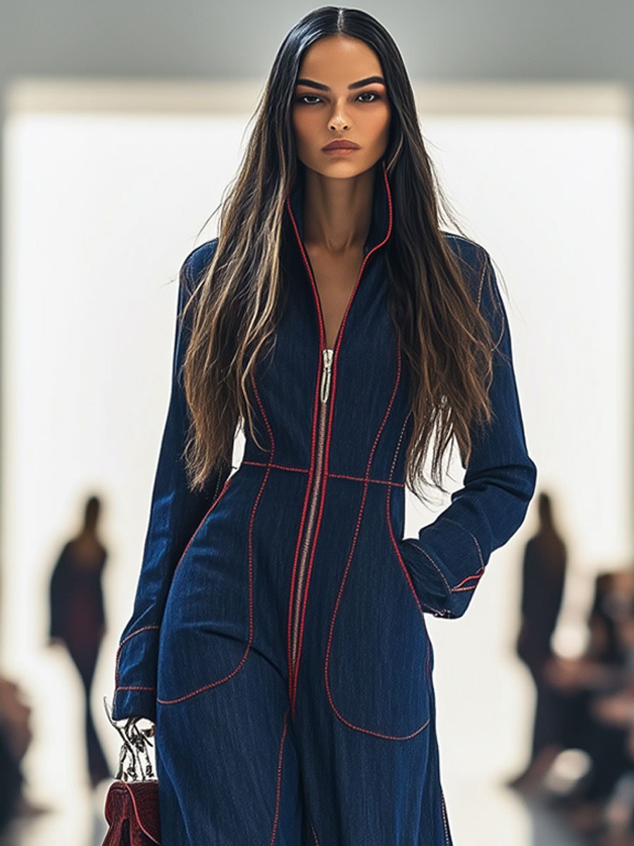 Ella | Women's Long Sleeve Contrast Stitch Front Zip Wide-Leg Denim Jumpsuit
