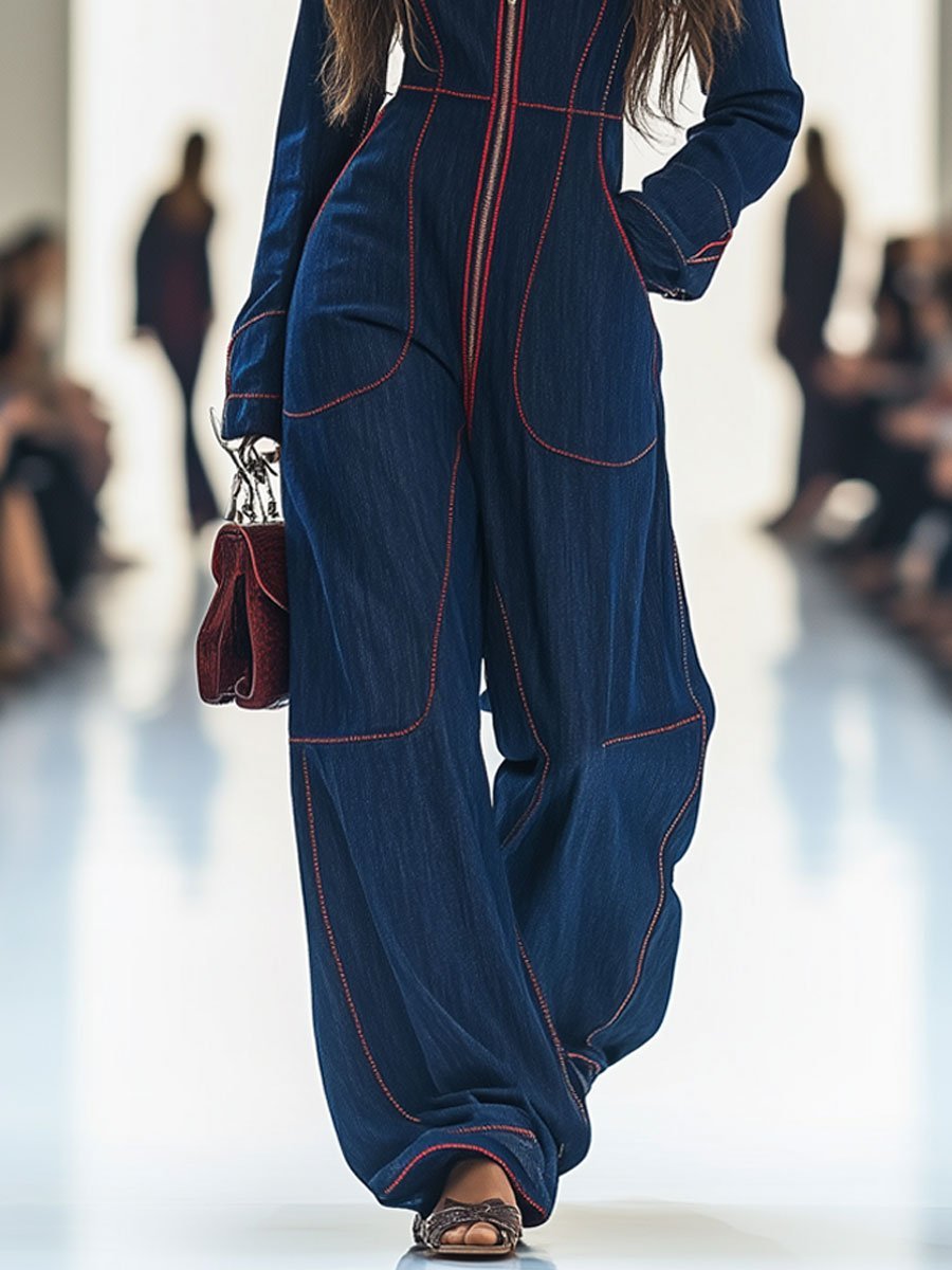Ella | Women's Long Sleeve Contrast Stitch Front Zip Wide-Leg Denim Jumpsuit