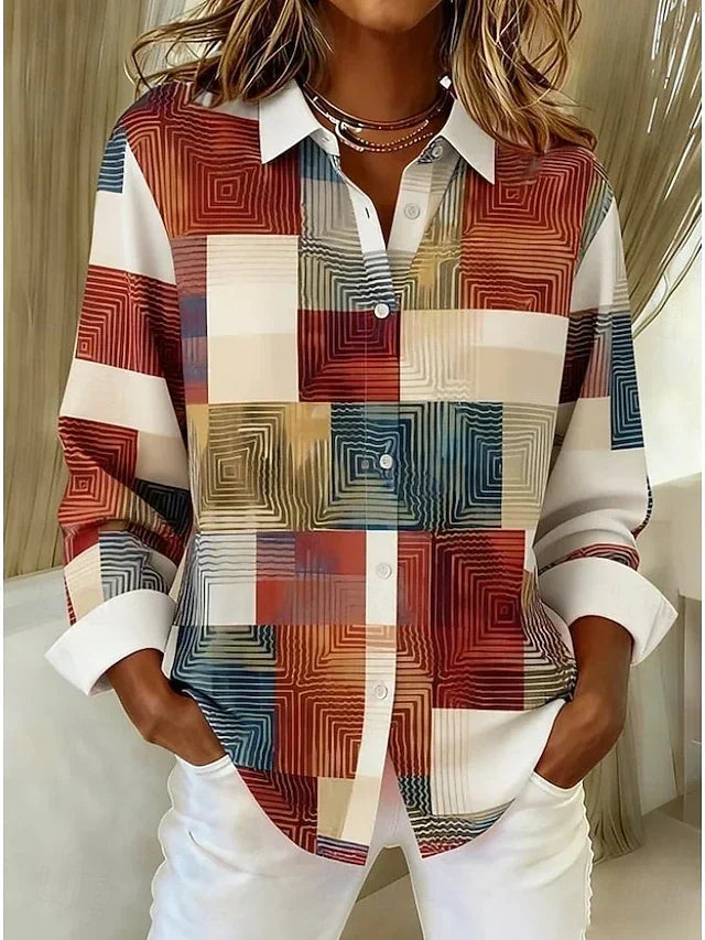 Sheila │ Women's Patchwork Print Spread Collar Button Front Blouse