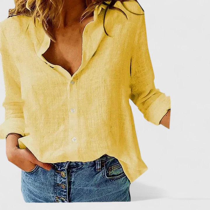 Sheila │ Women's Linen V-Neck Button Front Long Sleeve Blouse